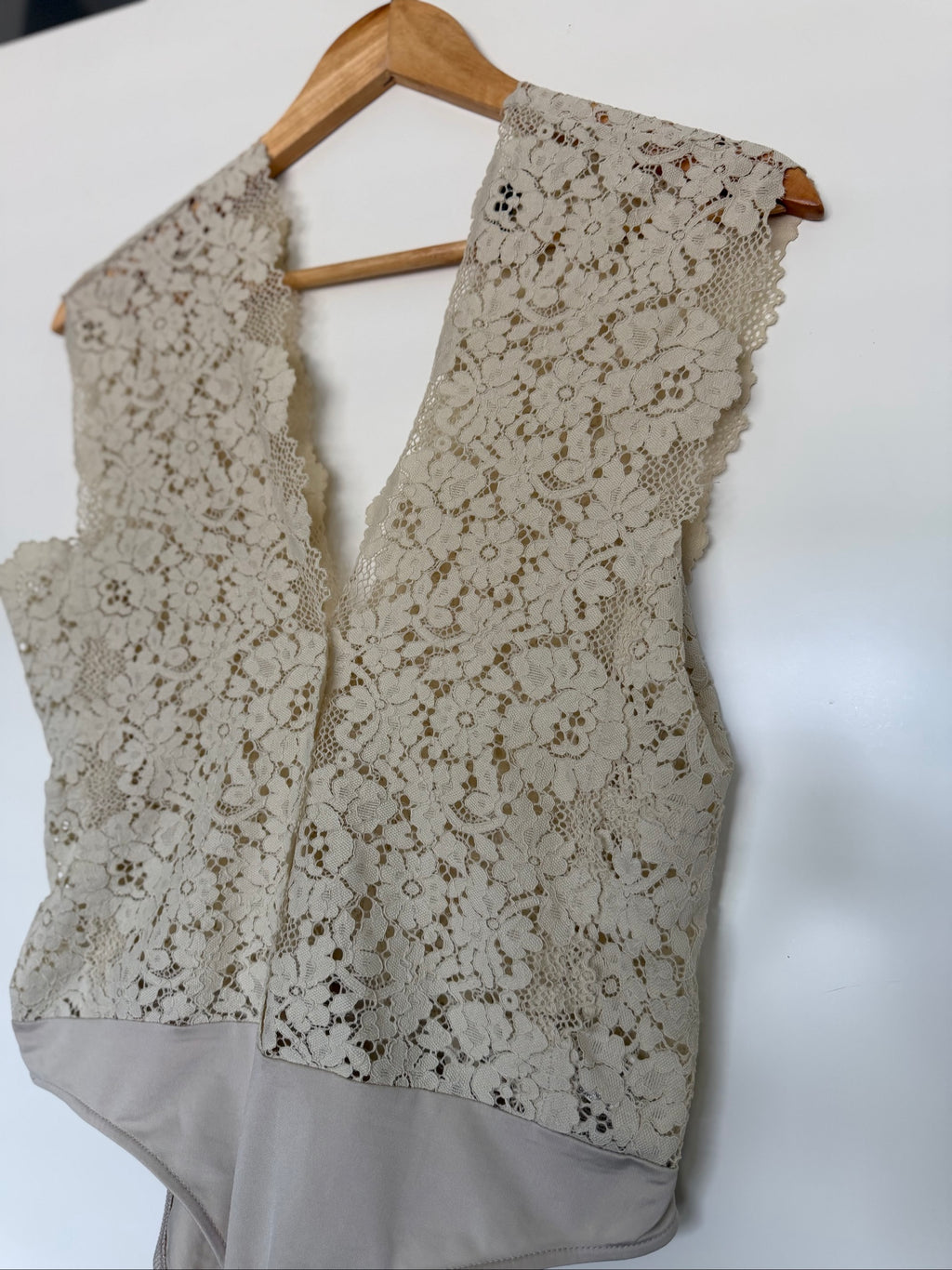 Super Sexy Romantic Beige Lace Bodysuit V-Neck Detail L