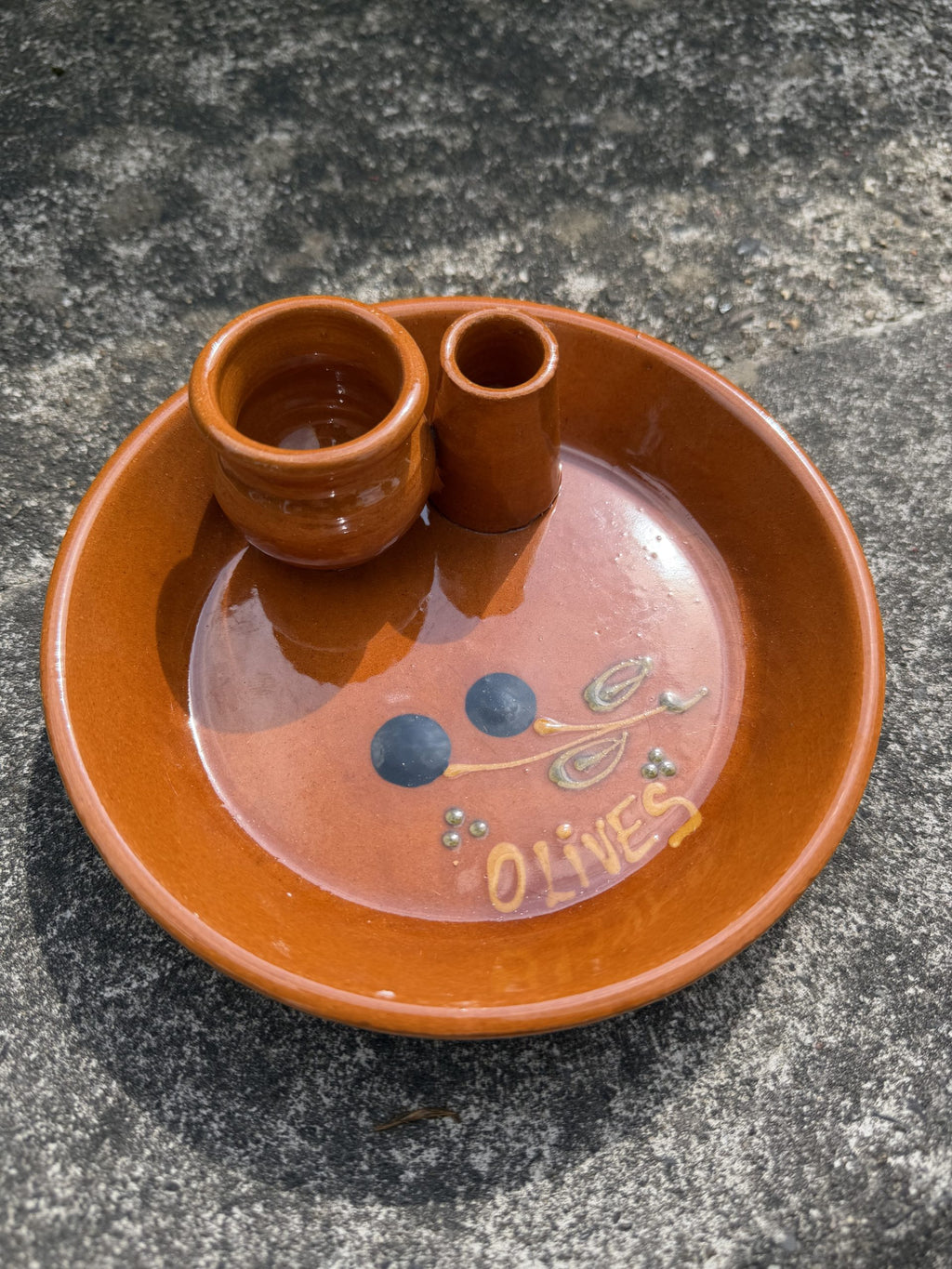 Mediterranean Brown Ceramic Olive Dish with Two Small Containers