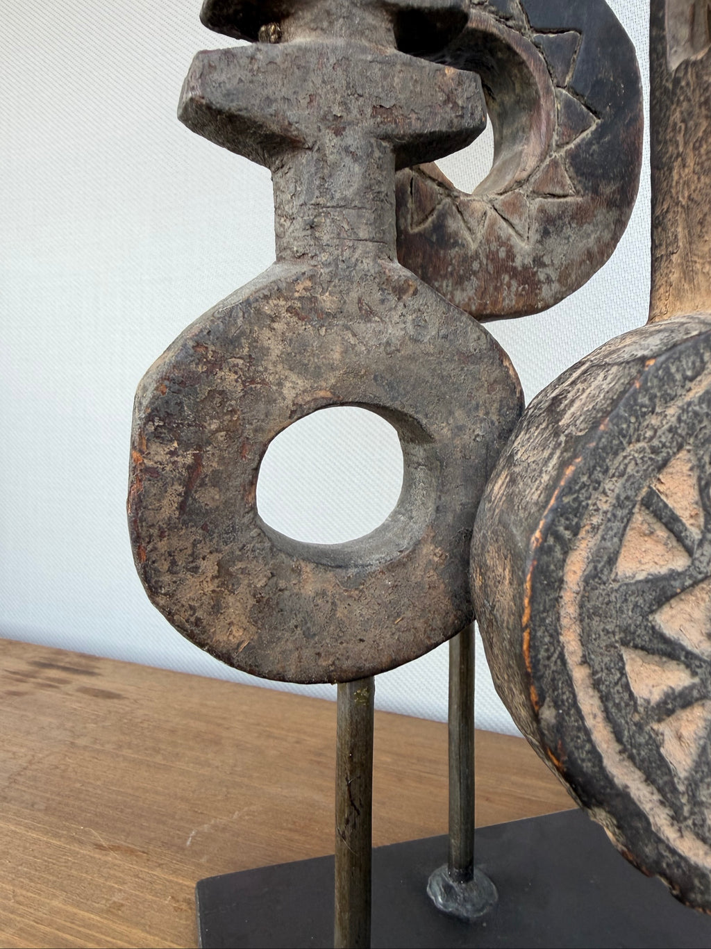 Hand Carved Tribal Abstract Sculpture Set on Metal Stand
