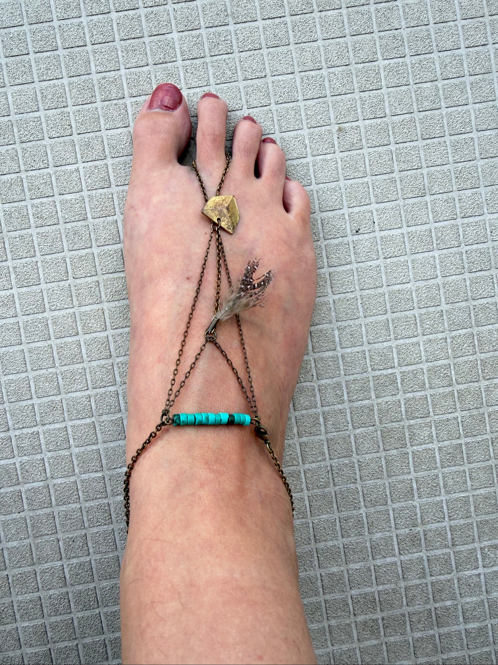 Festival boho foot jewelry turquoise beads brass chain feather charm earthy style