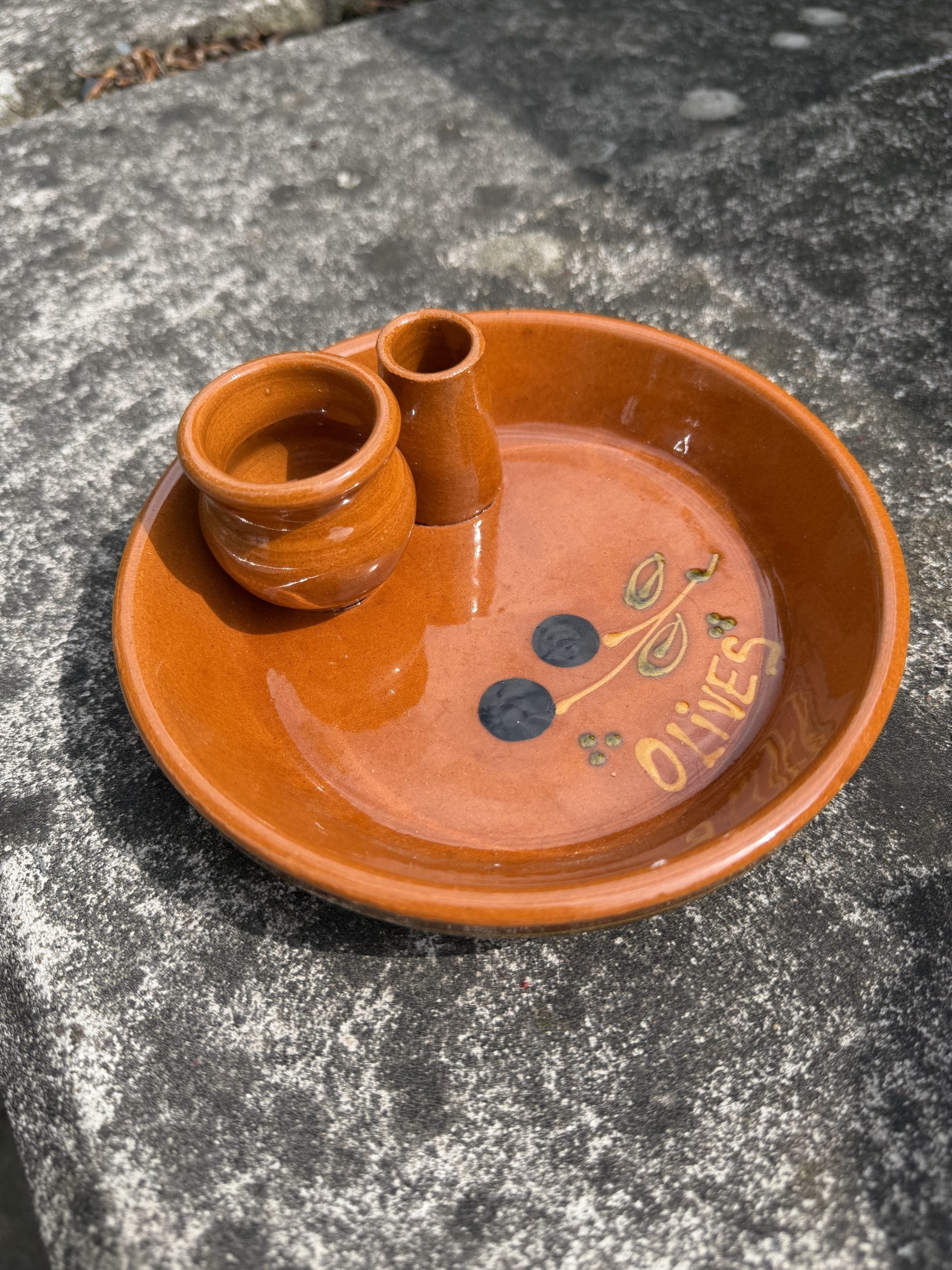 Mediterranean Brown Ceramic Olive Dish with Two Small Containers