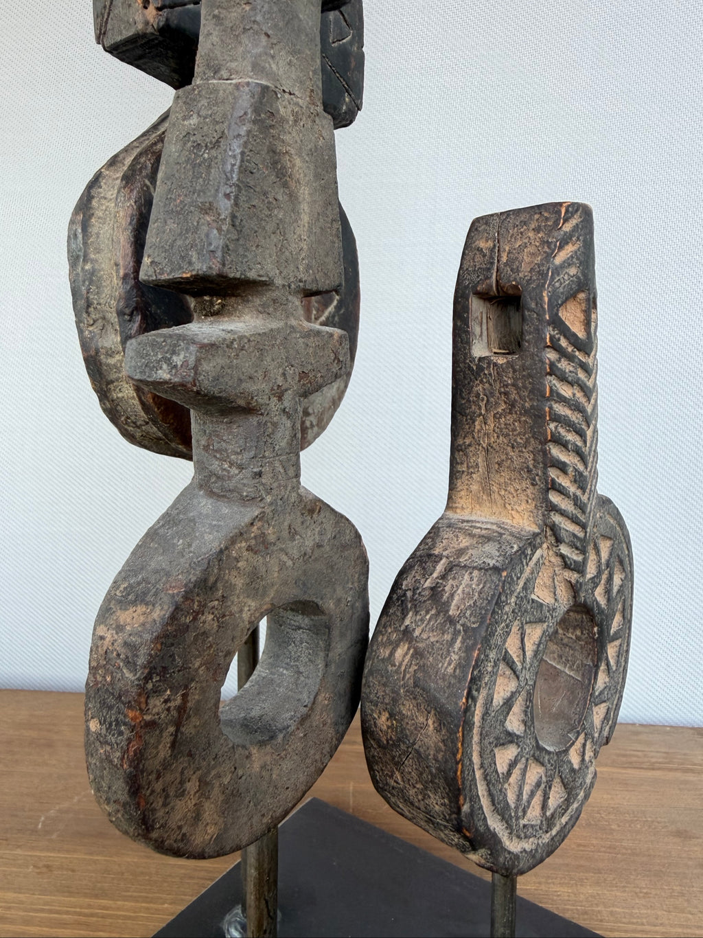 Hand Carved Tribal Abstract Sculpture Set on Metal Stand