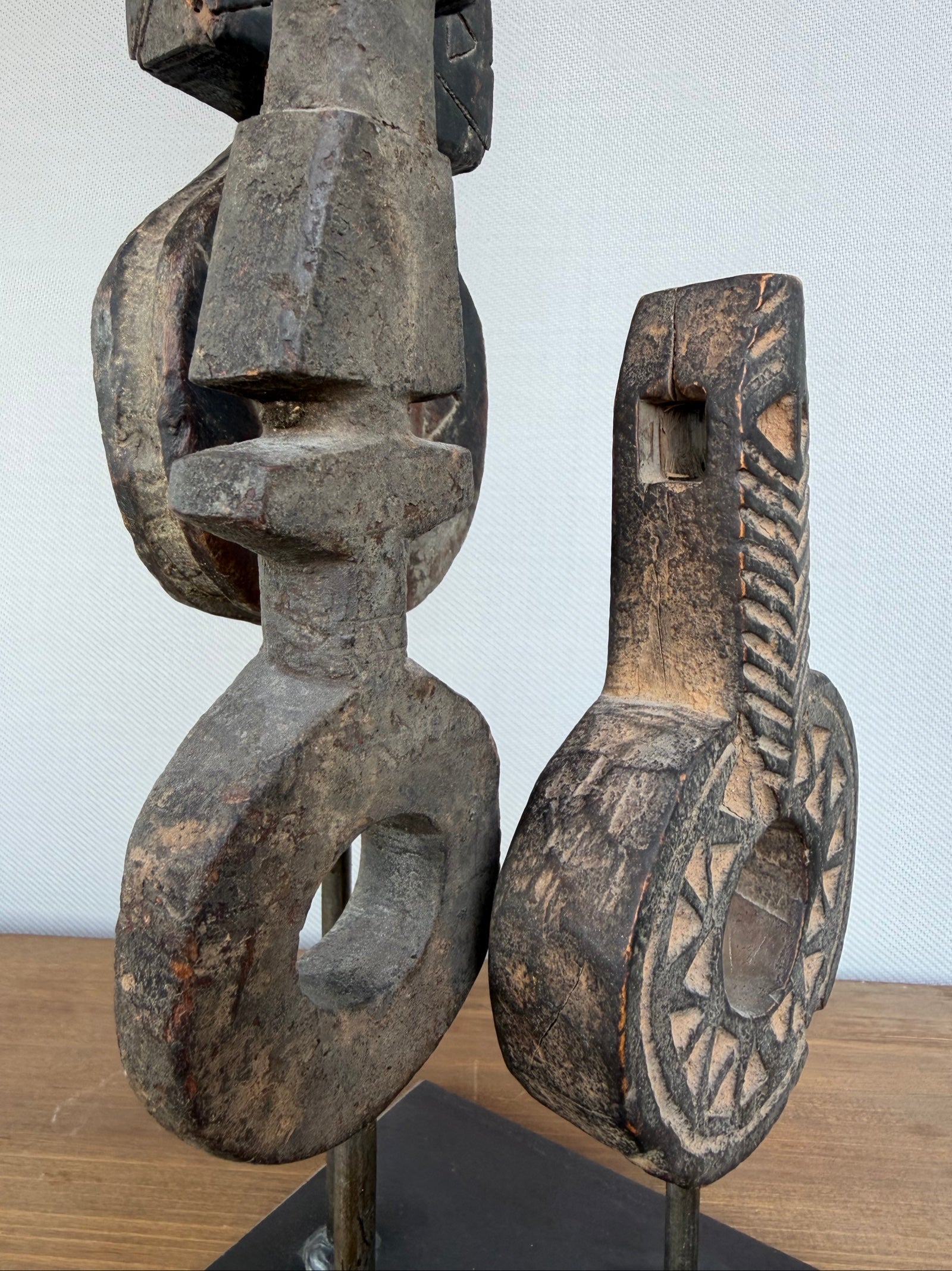Hand Carved Tribal Abstract Sculpture Set on Metal Stand