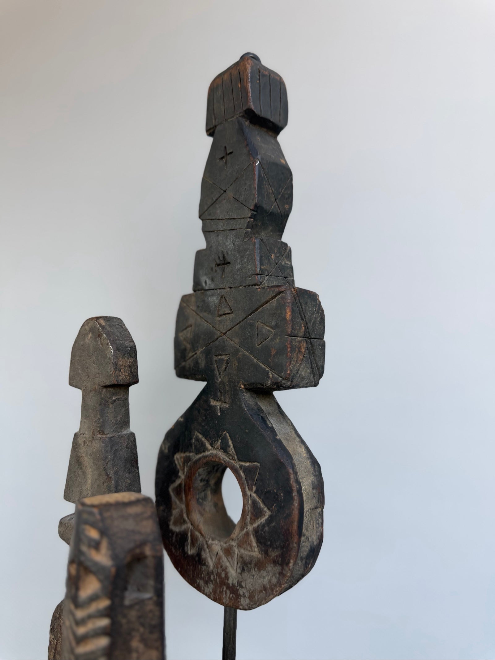 Hand Carved Tribal Abstract Sculpture Set on Metal Stand