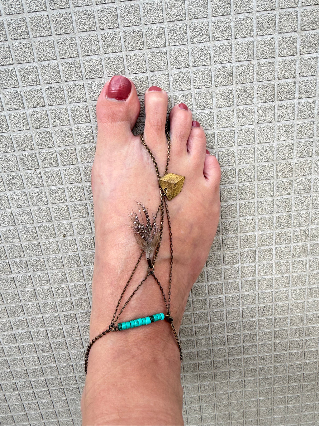 Festival boho foot jewelry turquoise beads brass chain feather charm earthy style