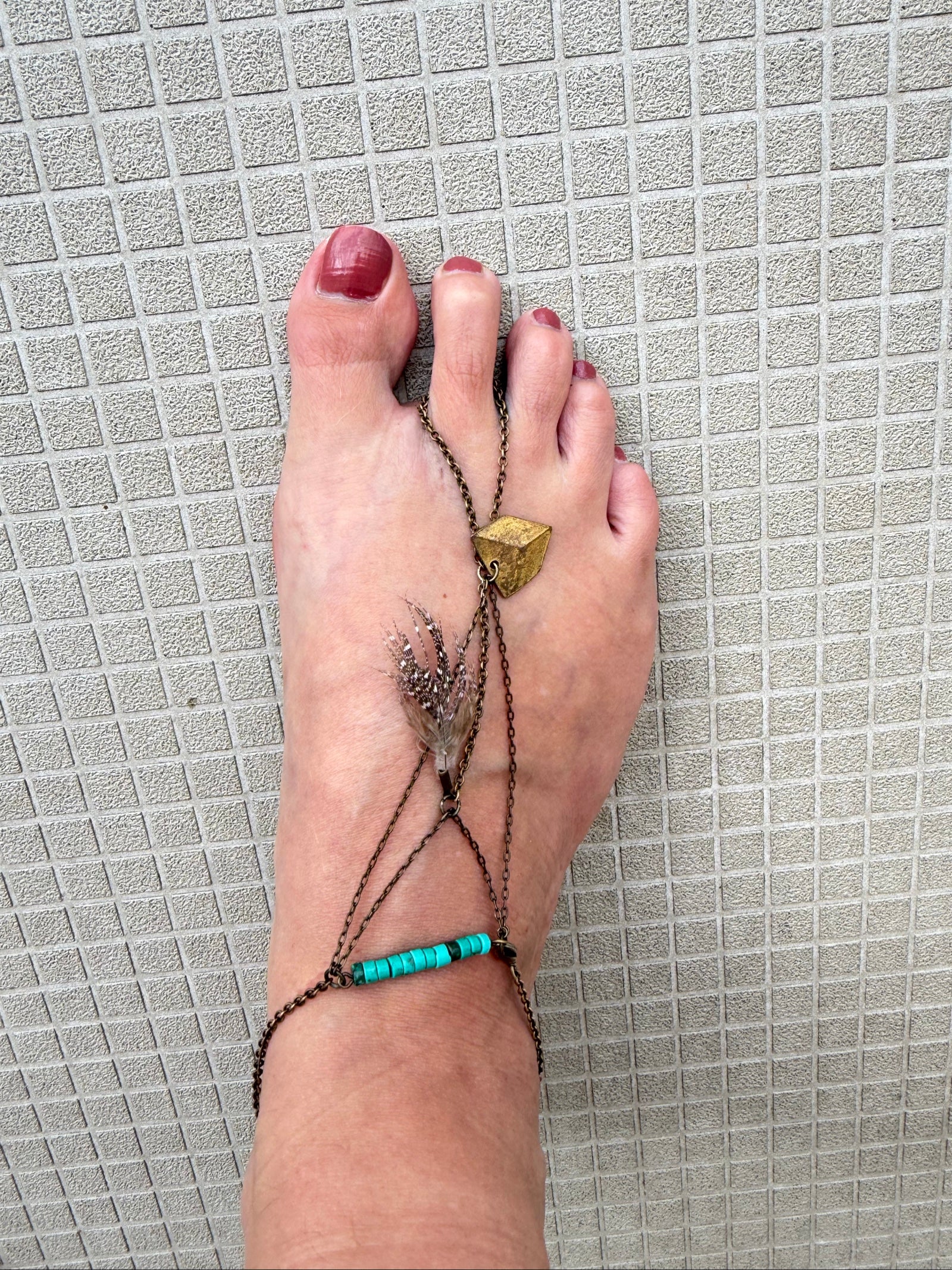 Festival boho foot jewelry turquoise beads brass chain feather charm earthy style