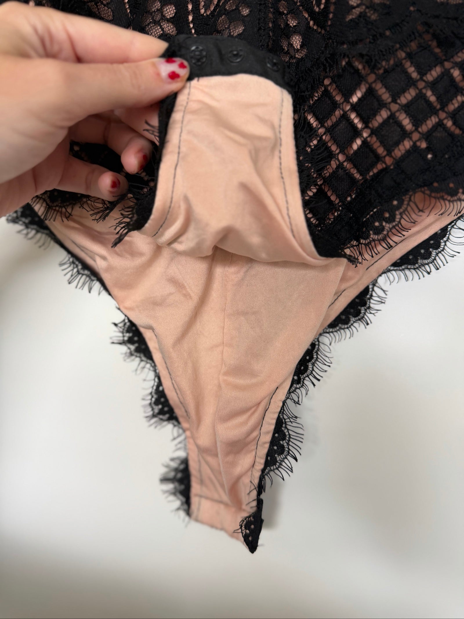 Black Lace Bodysuit Lingerie Size S/M Sheer Floral Design