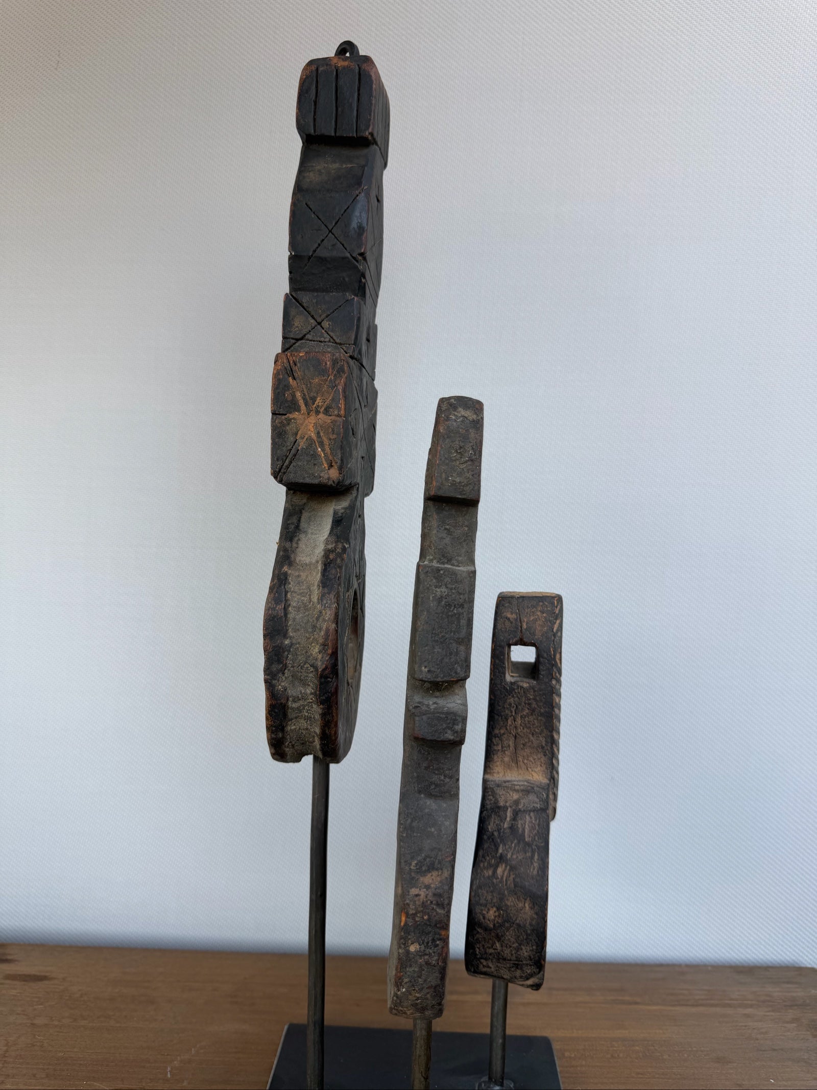 Hand Carved Tribal Abstract Sculpture Set on Metal Stand