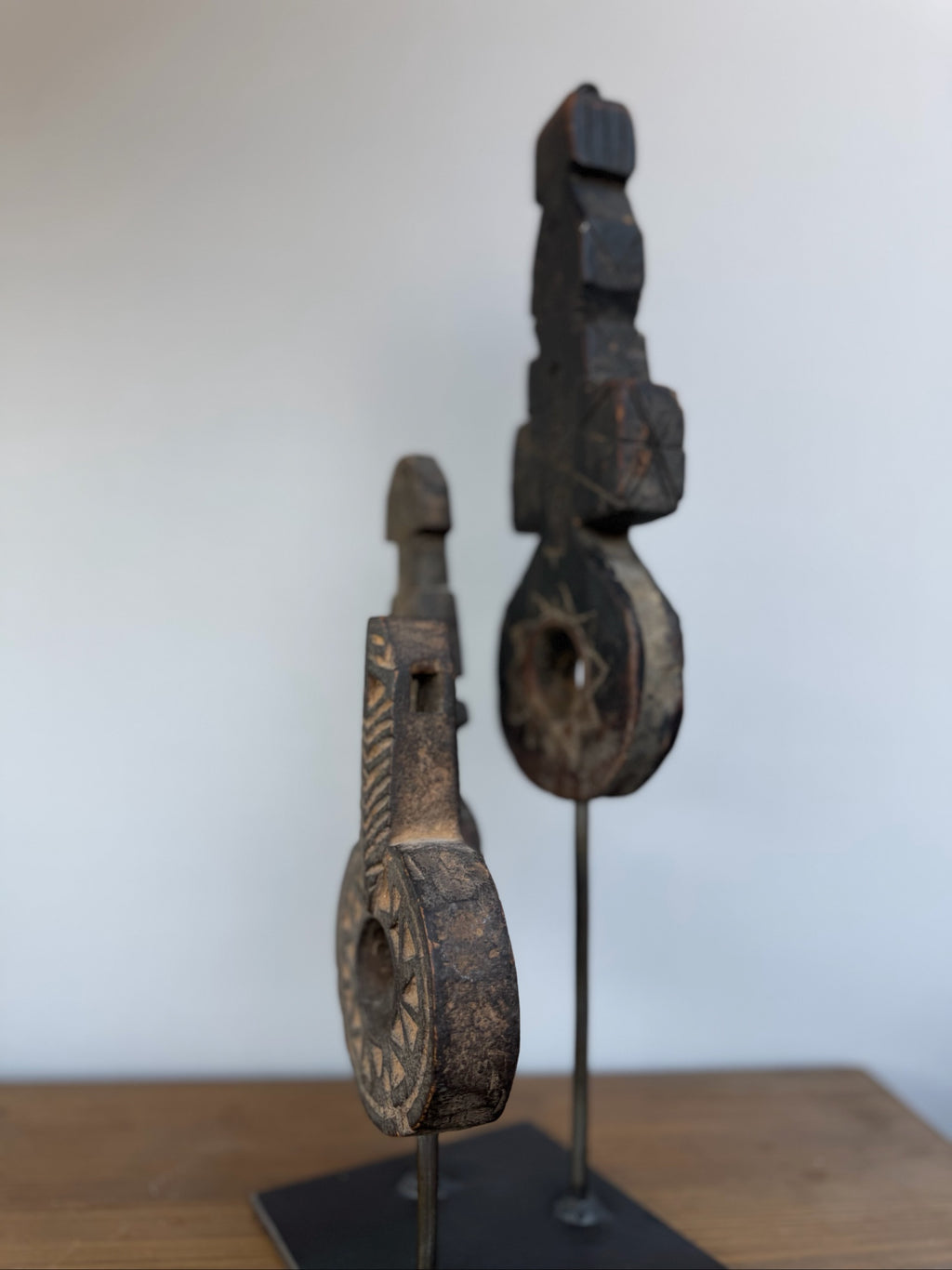 Hand Carved Tribal Abstract Sculpture Set on Metal Stand