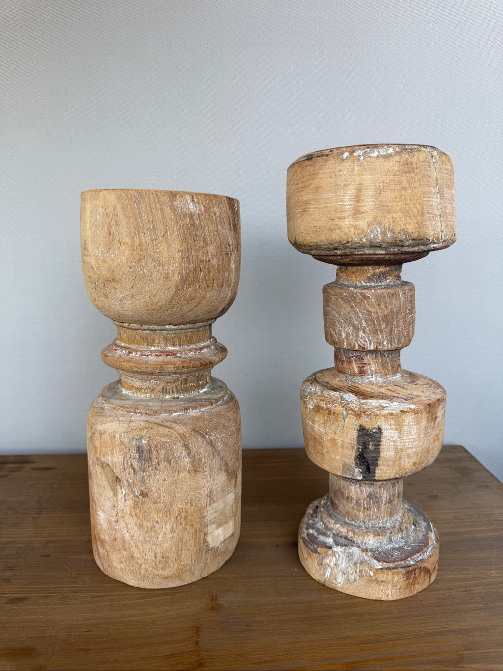 Vintage Natural Wood Decorative Candle Holders Pair