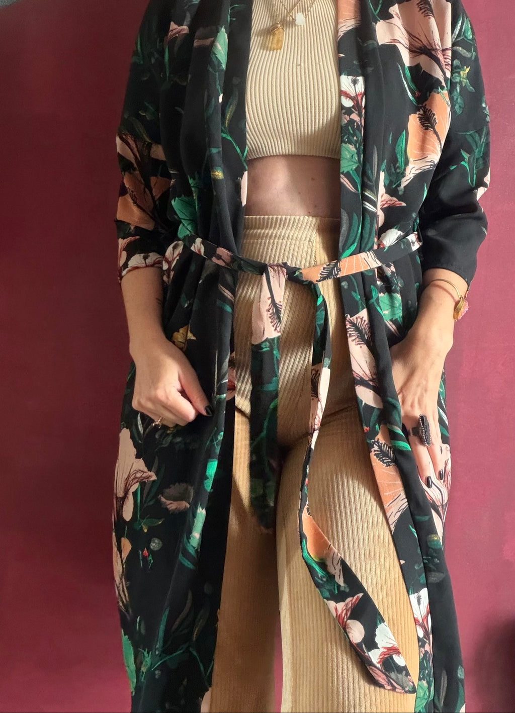 ONLY casual kimono robe black floral print with green and pink accents, lightweight fabric.