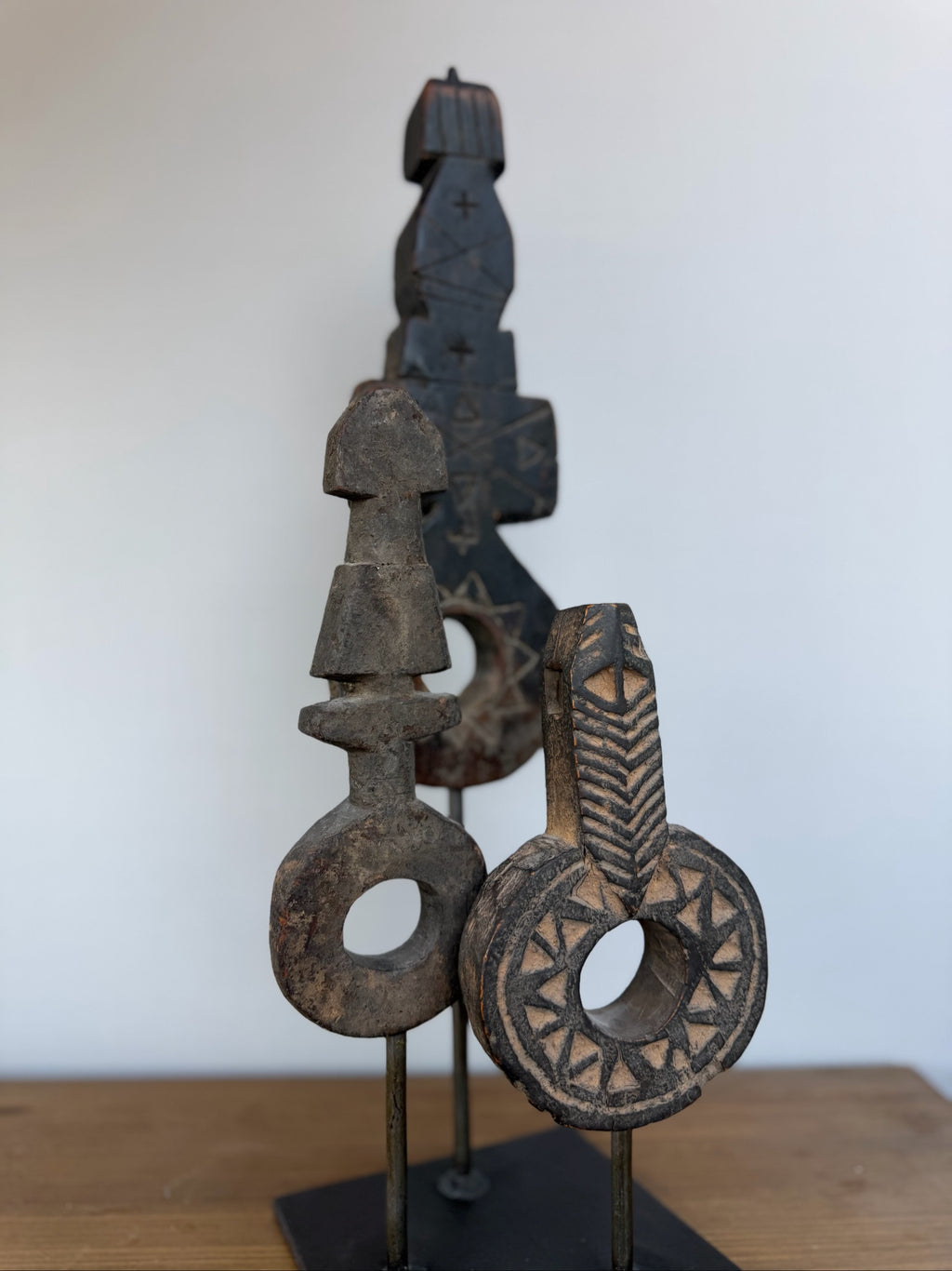 Hand Carved Tribal Abstract Sculpture Set on Metal Stand