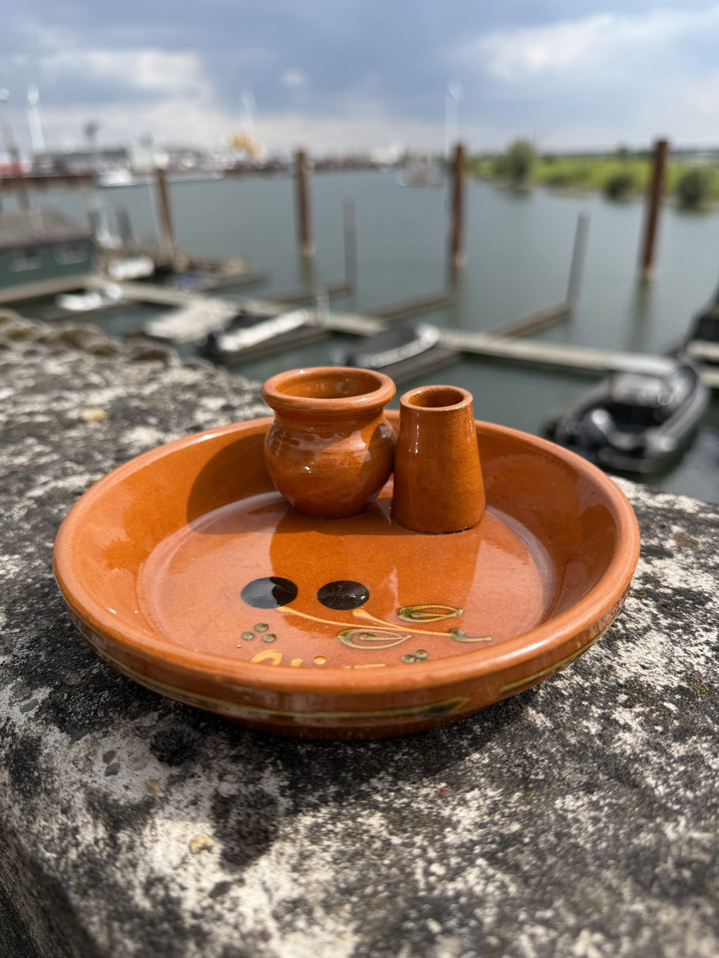 Mediterranean Brown Ceramic Olive Dish with Two Small Containers