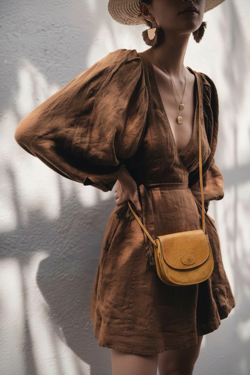 Mustard leather bag on model